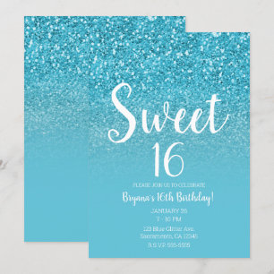 Moderne Aqua Blauwe Glam Glitter Sweet 16 Kaart