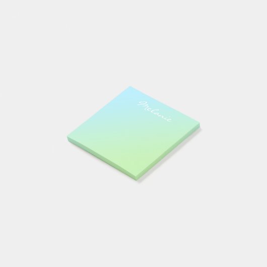 Moderne Aqua Blauwe Groene Ombre Script Post-it® Notes (Schuin)