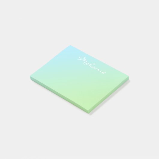 Moderne Aqua Blauwe Groene Ombre Script Post-it® Notes (Schuin)