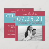 Moderne Aqua Blauwe Rode Trouwfoto Save the Date (Voorkant / Achterkant)