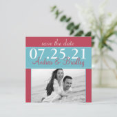 Moderne Aqua Blauwe Rode Trouwfoto Save the Date (Staand voorkant)