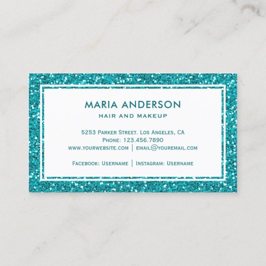 Moderne Aqua Blue Sequins Glitter Make-up Artist Visitekaartje (Achterkant)