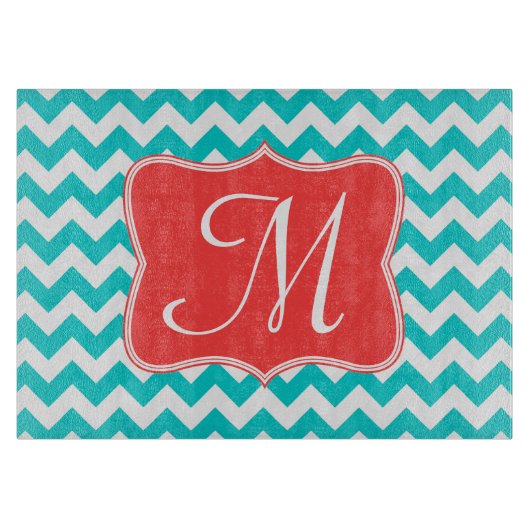 Moderne Aqua Chevron Monogram Glassnijplank Snijplank (Voorkant)