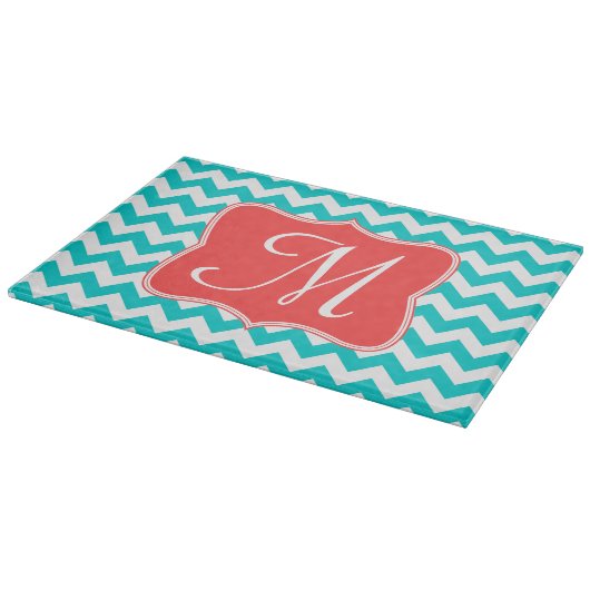 Moderne Aqua Chevron Monogram Glassnijplank Snijplank (Hoek)