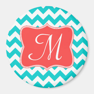 Moderne Aqua Coral Chevron Monogram Initiaal Magne Magneet