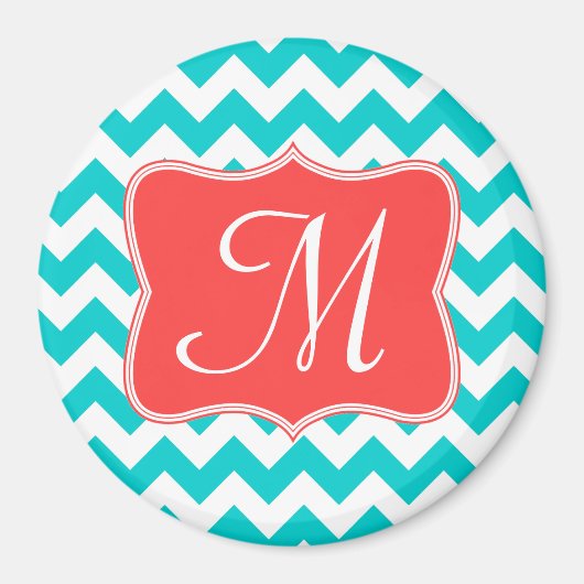 Moderne Aqua Coral Chevron Monogram Initiaal Magne Magneet (Voorkant)