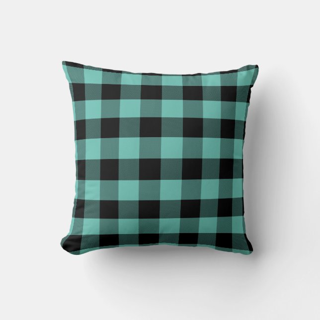 Moderne Aqua en Black Buffalo Plaid Kussen (Voorkant)