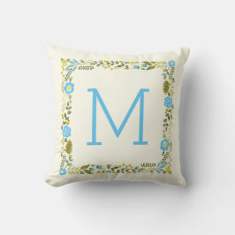 Moderne aqua en gele bloemrand en monogram kussen