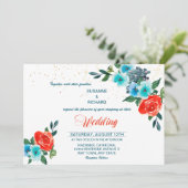 Moderne Aqua en koraal bloemenbruiloft Kaart (Staand voorkant)
