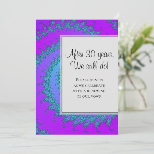 Moderne Aqua en Paarse Fractal Pattern Vow Vernieu Kaart (Staand voorkant)