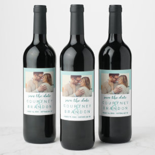 Moderne Aqua Foto Monogram 'Save the Date' Wijn Etiket