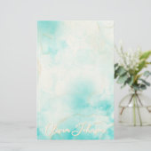 Moderne Aqua Gold Alcohol Ink Art Waterverf Oceaan Briefpapier (Staand voorkant)