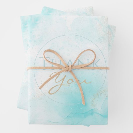 Moderne Aqua Gold Alcohol Ink Art Waterverf Oceaan Inpakpapier Vel (In situ)