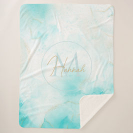 Moderne Aqua Gold Alcohol Ink Art Waterverf Oceaan Sherpa Deken