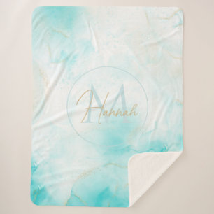 Moderne Aqua Gold Alcohol Ink Art Waterverf Oceaan Sherpa Deken