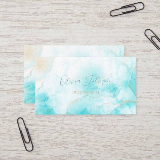 Moderne Aqua Gold Alcohol Ink Art Waterverf Oceaan Visitekaartje (Voorkant / Achterkant in situ)