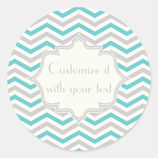 Moderne aqua, grijs, ivoor chevron patroon ronde sticker (Voorkant)