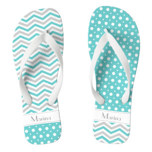 Moderne aqua, grijs, wit chevron & polka dot teenslippers