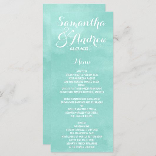 Moderne aqua groene waterverf bruiloft menu (Voorkant / Achterkant)