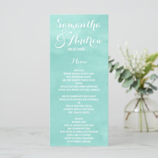 Moderne aqua groene waterverf bruiloft menu (Staand voorkant)