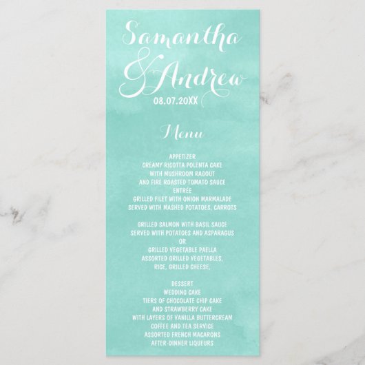 Moderne aqua groene waterverf bruiloft menu (Voorkant)