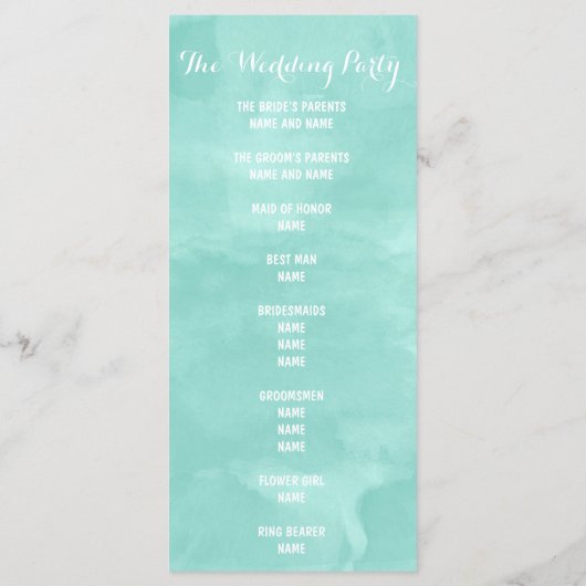 Moderne aqua groene waterverf Trouwprogramma Programmakaart (Achterkant)