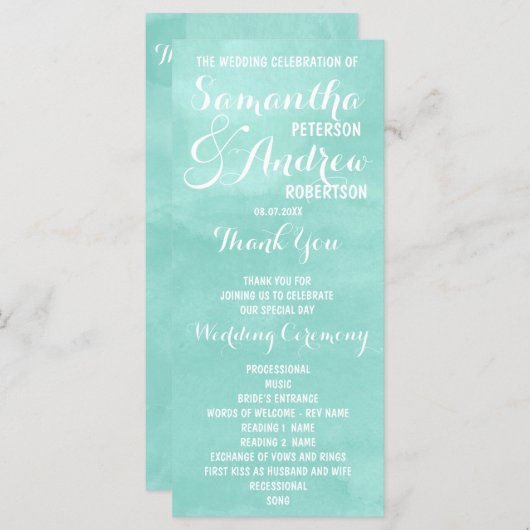 Moderne aqua groene waterverf Trouwprogramma Programmakaart (Voorkant / Achterkant)