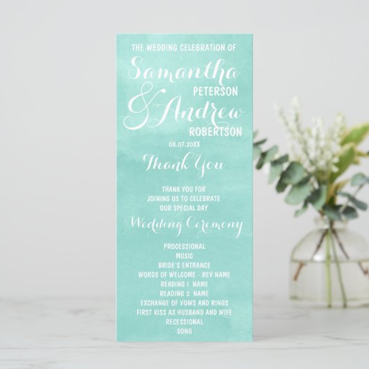 Moderne aqua groene waterverf Trouwprogramma Programmakaart (Staand voorkant)