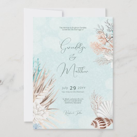 Moderne Aqua Ocean Shells bruiloft Kaart (Voorkant)