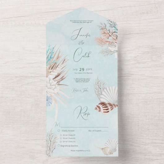 Moderne Aqua Ocean Shells Dinner Wedding All In One Uitnodiging (Binnen)