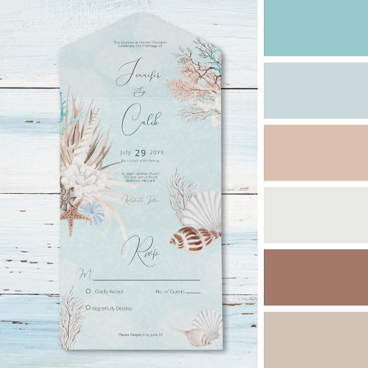 Moderne Aqua Ocean & Shells Geen Diner All In One Uitnodiging