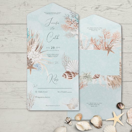 Moderne Aqua Ocean & Shells Geen Diner All In One Uitnodiging