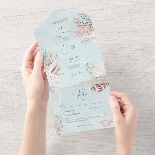 Moderne Aqua Ocean Shells Geen diner bruiloft All In One Uitnodiging (Afscheurbaar)