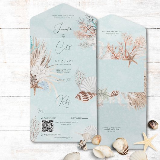 Moderne Aqua Ocean & Shells QR Code All In One Uitnodiging