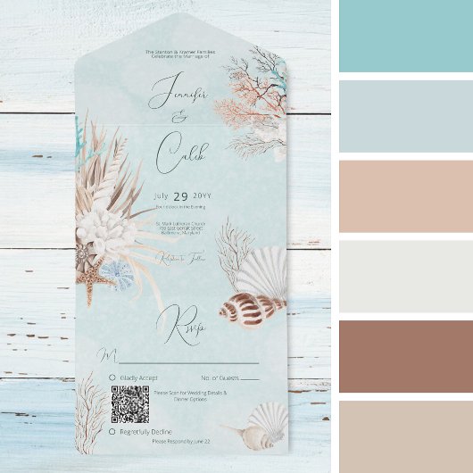 Moderne Aqua Ocean & Shells QR Code All In One Uitnodiging