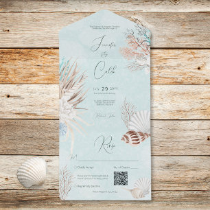 Moderne Aqua Ocean Shells QR Code Wedding All In One Uitnodiging