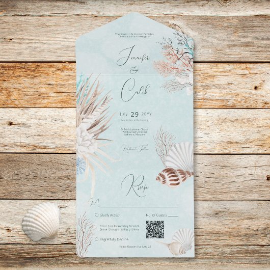 Moderne Aqua Ocean Shells QR Code Wedding All In One Uitnodiging