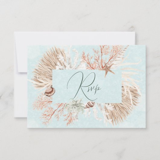 Moderne Aqua Ocean Shells QR Code Wedding RSVP Kaartje (Voorkant)