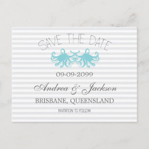 Moderne Aqua Octopus Beach Save the Date Cards Aankondigingskaart