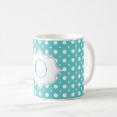 Moderne aqua, witte polka dot patroon monogram koffiemok (Voorkant rechts)