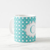 Moderne aqua, witte polka dot patroon monogram koffiemok (Voorkant links)