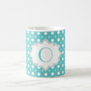 Moderne aqua, witte polka dot patroon monogram koffiemok