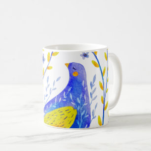 Moderne aquarel blauw en geel vogelkunst koffiemok
