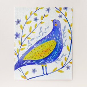 Moderne aquarel blauw en geel vogelkunst legpuzzel