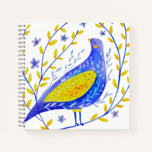 Moderne aquarel blauw en geel vogelkunst notitieboek