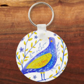 Moderne aquarel blauw en geel vogelkunst sleutelhanger (Voorkant)