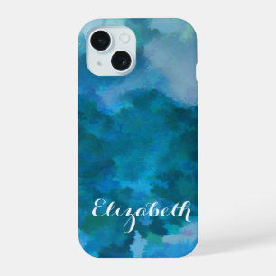 Moderne Aquarel Blauw Groen Aangepaste Naam Sjablo iPhone 15 Case