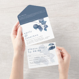 Moderne Aquarel Blauwe Bladeren Bruiloft All In One Uitnodiging