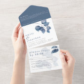 Moderne Aquarel Blauwe Bladeren Trouwen All In One Uitnodiging (Afscheurbaar)