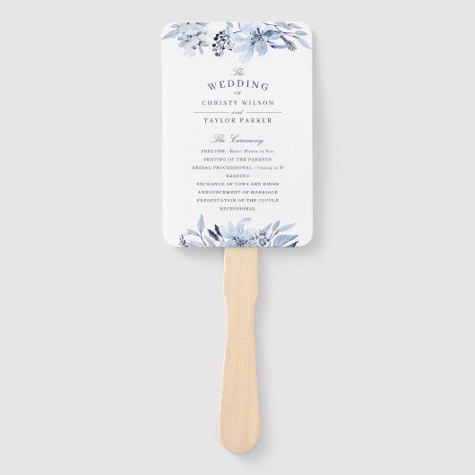 Moderne Aquarel Blauwe Bloem Bruiloft Ceremonie Handwaaier (Voorkant)